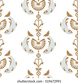 Japanese or Chinese kimono pattern with carp fish and lotus.