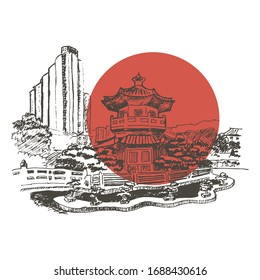 Japanese or Chinese Landscape with Pagoda Building Vector Sketched Illustration. Hand Drawn Asian City View Concept