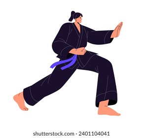 Japanische und chinesische Kampfkunst. Junge Frauen üben Sport aus. Professionelle Sportlerin übt Karate, Judo, kung fu. Mädchen in Kampfposie. Flache einzelne Vektorgrafik auf weißem Hintergrund