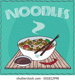 Japanese or Chinese noodle soup with vegetables, known as Ramen or Udon, on wooden mat with chopsticks. Nearby chili pepper and soy sauce in cup. Hand drawn. Vector illustration