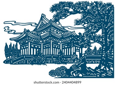 Japanese, Chinese Oriental Pattern. Eastern Ornament Abstract Background. Indigo Blue Mountain and River. Navy Blue Background. Textile, Fabric Print Hand Drawn. Pagoda Architecture
 Illustration.