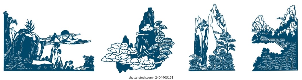 Japanese, Chinese Oriental Pattern. Idyll, Harmony, Feng Shui. Eastern Ornament Abstract Background. Indigo Blue Mountain and River. Navy Blue Background. Textile, Fabric Print Hand Drawn. 