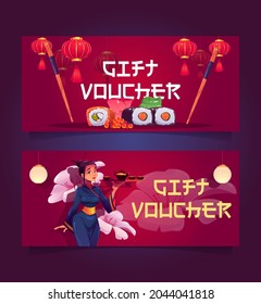 Japanese or Chinese restaurant gift voucher, certificate for visiting asian cuisine, sushi bar or cafe. Woman wear traditional kimono carry tray for tea ceremony, rolls, chopsticks Vector flyer mockup