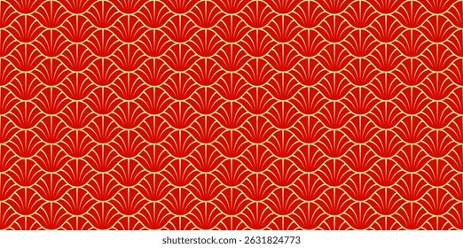 Japanese, Chinese seamless pattern in oriental geometric. 3d festive ornament for lunar Chinese new year decoration. Red and golden abstract pattern, cloud background. Vector illustration.