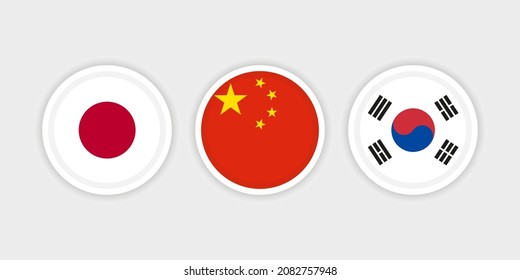 Japanese, Chinese and South Korean flags with circle frame and grey background