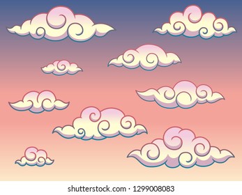Japanese or Chinese Swirl Curly Style Clouds in The Sky Decoration Vector Illustration