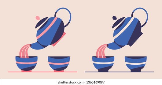 Japanese or Chinese tea set. Flat vector illustration. Teapot pouring green tea in cups. Retro style. Tea ceremony