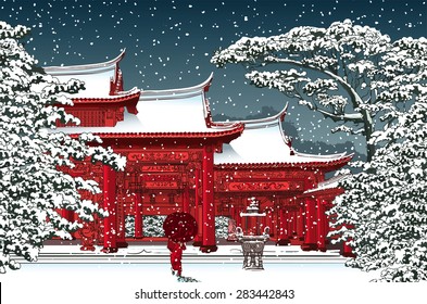 Japanese or chinese temple under snow - Vector illustration