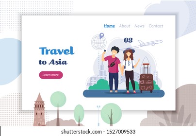 Japanese Chinese tourists smile man and woman, photography selfies amid the building landmarks. Travelers with luggage rolling bag vector cartoon character illustration website landing page