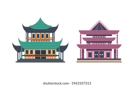 Japanese or Chinese Traditional Buildings Set, Ancient Asian Cultural Objects, Pagoda Palace Facades Flat Vector Illustration
