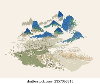 japanese chinese traditional vector illustration card background colorful watercolor ink textured