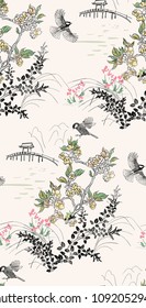 japanese chinese  vector design ink flower engraved colorful seamless pattern landscape birds grass flower bridge mountain pond