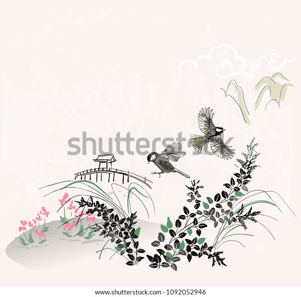 japanese chinese vector design ink flower stock vector royalty free 1092052946 shutterstock