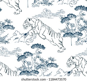 Japanese Chinese Vector Design Seamless Pattern Tiger Nature