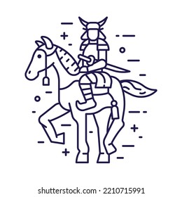 Japanese or chinese warrior on horse icon. Mounted Japan samurai horseman in traditional armor in line art design.