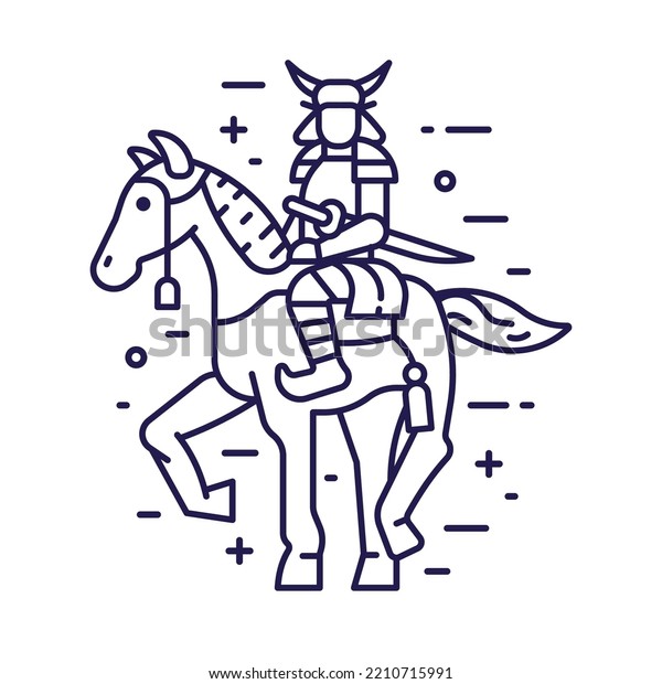 Japanese or chinese\
warrior on horse icon. Mounted Japan samurai horseman in\
traditional armor in line art\
design.