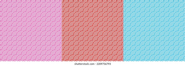 Japanese Chinese Wave Pattern In Pink Blue Red Color. Set Of 3