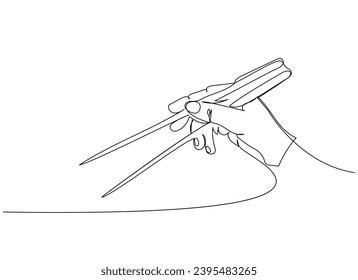 Japanese chopsticks, Food sticks in hand, how to hold chopsticks correctly one line art. Continuous line drawing of sushi, japanese, food, roll, culture, tasty, restaurant, japan, asian, sea, menu