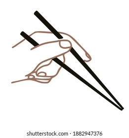 Japanese chopsticks. Hand with Chinese Sticks. Bamboo Chopsticks. Asian cuisine. Vector flat outline icon illustration isolated on white background.