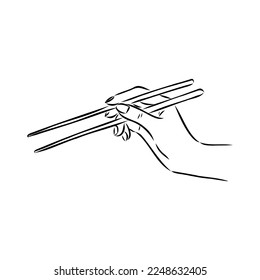 Japanese chopsticks. Hand with Chinese Sticks. Bamboo Chopsticks. Asian cuisine. Vector flat outline icon illustration isolated on white background.