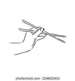 Japanese chopsticks. Hand with Chinese Sticks. Bamboo Chopsticks. Asian cuisine. Vector flat outline icon illustration isolated on white background.