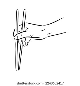 Japanese chopsticks. Hand with Chinese Sticks. Bamboo Chopsticks. Asian cuisine. Vector flat outline icon illustration isolated on white background.