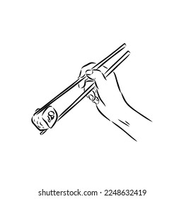 Japanese chopsticks. Hand with Chinese Sticks. Bamboo Chopsticks. Asian cuisine. Vector flat outline icon illustration isolated on white background.