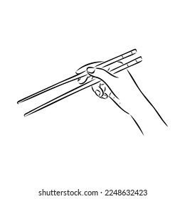 Japanese chopsticks. Hand with Chinese Sticks. Bamboo Chopsticks. Asian cuisine. Vector flat outline icon illustration isolated on white background.