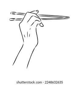 Japanese chopsticks. Hand with Chinese Sticks. Bamboo Chopsticks. Asian cuisine. Vector flat outline icon illustration isolated on white background.