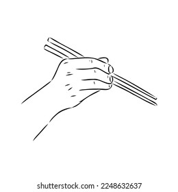 Japanese chopsticks. Hand with Chinese Sticks. Bamboo Chopsticks. Asian cuisine. Vector flat outline icon illustration isolated on white background.