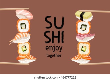 Japanese chopsticks holding maxi sushi pieces and roll Japanese traditional cuisine poster. restaurant advertising concept banner. Vector illustration stock vector.