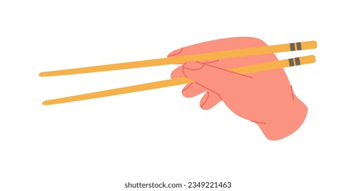 Japanese chopsticks holding sushi roll. Japanese cuisine, traditional food. Vector illustration.