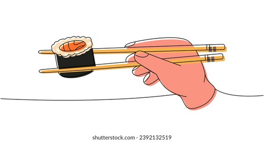 Japanese chopsticks holding sushi roll one line colored continuous drawing. Japanese cuisine, traditional food continuous one line illustration.