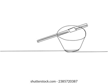 Chopsticks japoneses sobre cuenco de salsa, cerámica, madera, arte de una línea de bambú. Dibujo continuo en línea de sushi, japonés, comida, roll, cultura, sabroso, restaurante, japón, asiático, mar, menú