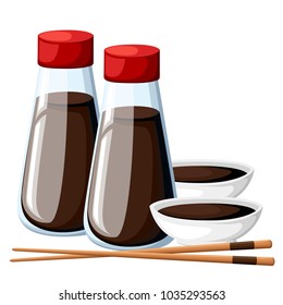 Japanese chopsticks and soy sauce in a white bowl soy sauce in transparent bottles with red caps vector illustration isolated on white background web site page and mobile app design