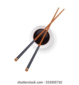 Japanese chopsticks sushi and soy sauce in a bowl. Top view. Vector illustration.