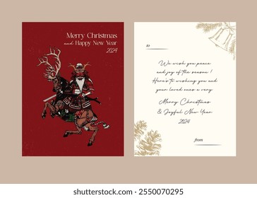 Japanese Christmas Card. Samurai Santa vector illustration for background, greeting card, party invitation card