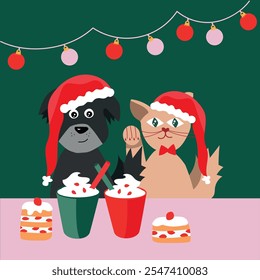 Japanese Christmas card with traditional food and cute cat. Strawberry cake and chicken.
