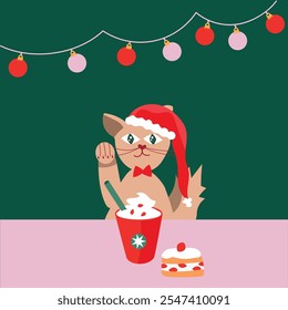 Japanese Christmas card with traditional food and cute cat. Strawberry cake and chicken.