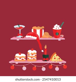 Japanese Christmas with strawberry cake, chicken, pizza and traditional drinks