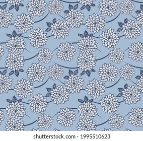 Japanese Chrysanthemum Flower Curl Line Vector Seamless Pattern