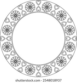 Japanese chrysanthemum and hearts abstract frame. Black outline vector pattern round border. Holidays copy space