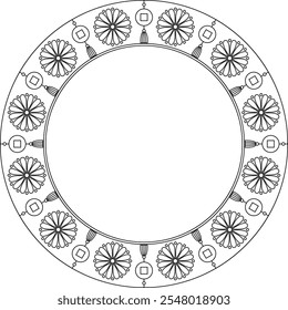 Japanese chrysanthemum and luck coin frame. Black outline vector pattern round border. 