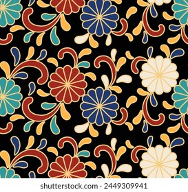 Japanese Circle Flower Curl Leaf Vector Seamless Pattern