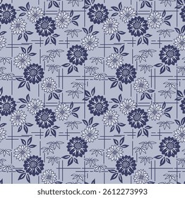 Japanese Circle Flower Leaf Fall Vector Seamless Pattern