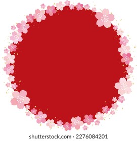 Marco de círculo japonés sobre fondo rojo con flores de cerezo lindas y hojas de oro