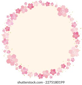 Japanese circle frame with pink ground of cherry blossoms sprinkled with gold leaf