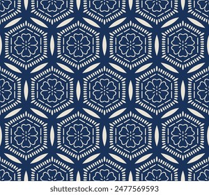 Japanese Circle Hexagon Flower Vector Seamless Pattern
