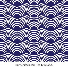 Japanese Circle Wave Line Vector Seamless Pattern. Wave Pattern. Textured circle background. Stripes wallpaper of fan shaped decorations. Stylized ocean waves. Textile design.