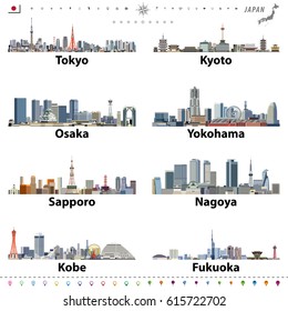 Japanese cities skylines vector illustration. Flag and map of Japan. Location and navigation icons